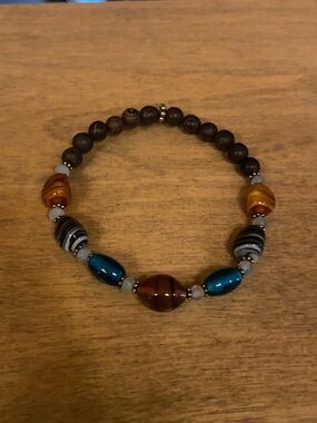 Handmade Beaded Bracelet with Brown, Teal & Amber Accents